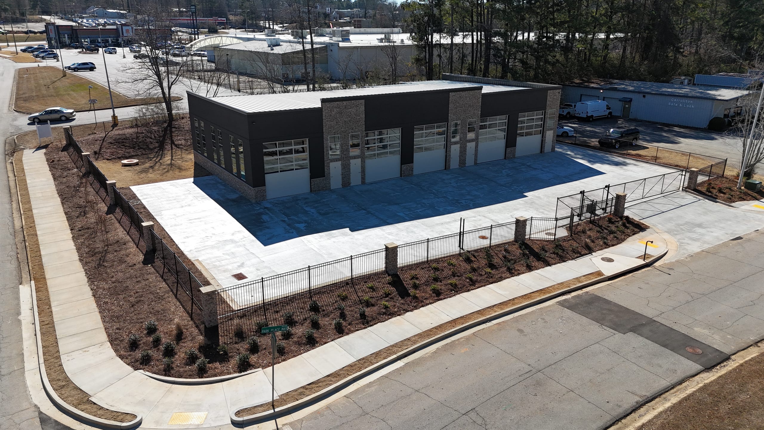 Overhead corner view of Carrollton Flex Park from Park Place Way showing the full row of bays